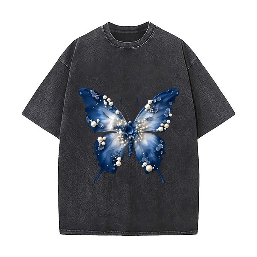 Blue Butterfly Pearl Ocean Wave Artistic Illustration Washed Vintage Short Sleeve Loose Streetwear Tee