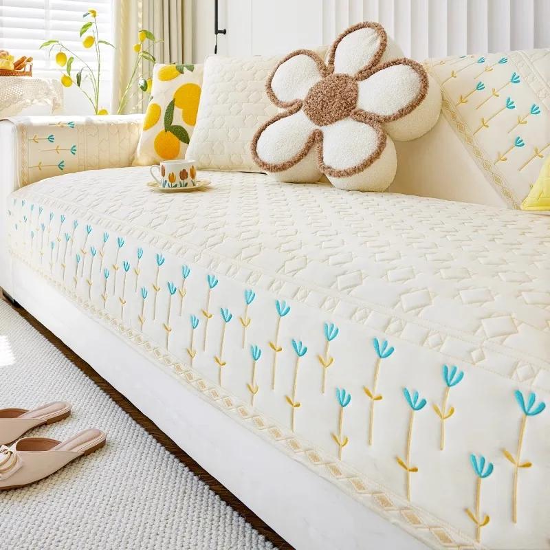 

Клетчатый хлопковый коврик для дивана с вышитым краем, всесезонное полотенце для дивана, наволочка, противоскользящий пылезащитный чехол для дивана L-образной формы 70x70cm 1pcs