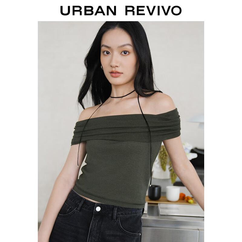 UR 2024 Autumn Women's French Off-Shoulder Short Knit T-Shirt