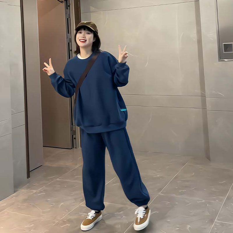 

Женский осенне-зимний повседневный спортивный костюм - Свободный облегающий свитшот с круглым вырезом и джоггеры, комплект из двух предметов S