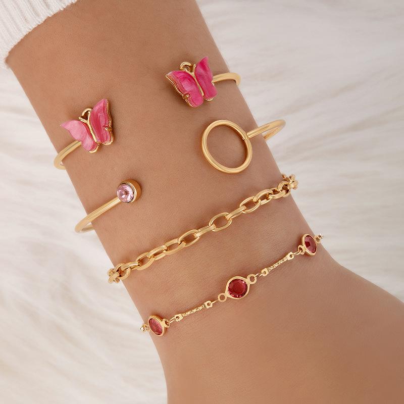 Accessories, Butterfly Imitation Gemstone Hollow Four-layer Bracelet, Geometric Opening Four-piece Bracelet Set