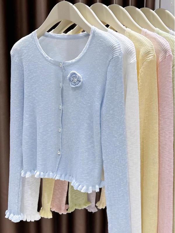 Korean Style Ruffle Flower Knit Sun Protection Cardigan for Women - Spring 2026