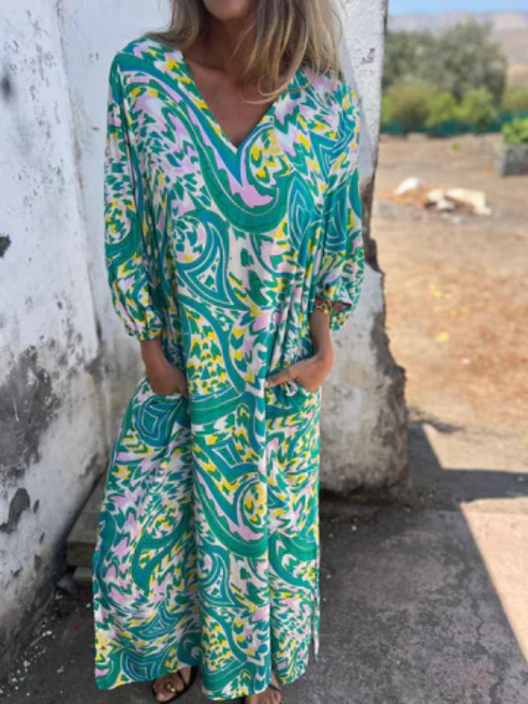 Women's Long Sleeve V-Neck Loose Fit Leopard Print Maxi Dress with Pockets, Multiple Colors & Patterns