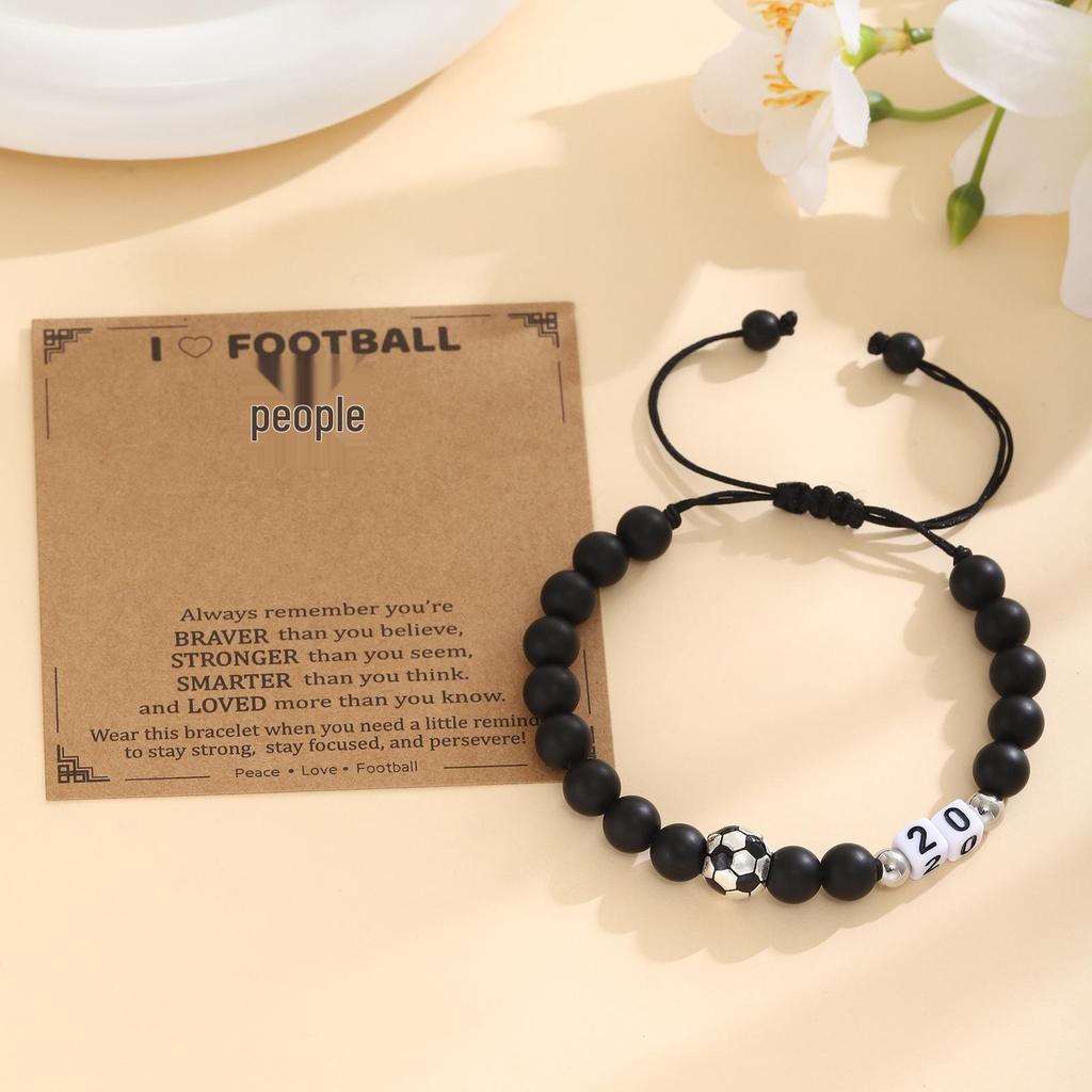 Men's Adjustable Black Matte Stone Beaded Bracelet - Football Number Birthday Gift