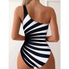 One-Shoulder Asymmetric Striped One-Piece Swimsuit Ruffled Trim Swimwear High-Waisted Bikini Bathing Suit Women