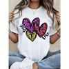 European Size Women's White Short Sleeve T-Shirt, Colorful Leopard Heart & Love Graphic, Regular Fit Crew Neck, Breathable Casual Top