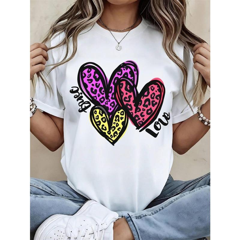 

European Size Women s White Short Sleeve T-Shirt, Colorful Leopard Heart & Love Graphic, Regular Fit Crew Neck, Breathable Casual Top 4XL