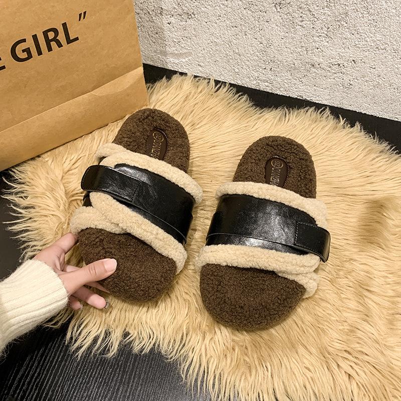 Retro design sense color matching Mao Mao one-word drag women 2025 autumn and winter new wear versatile thick-bottomed comfortable cotton slippers