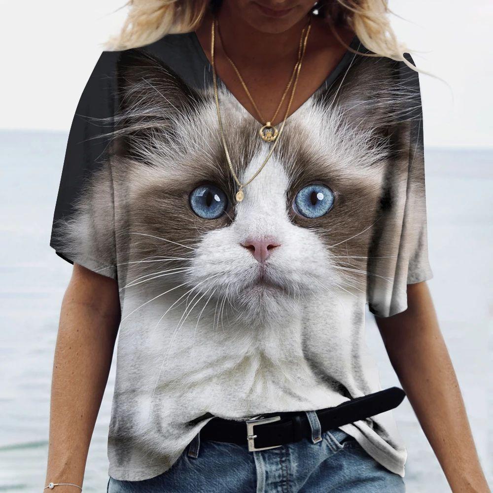 Summer V-neck 3D Cute Animal Cat Printed Top Fashionable Casual Short Sleeved Women's T-shirts