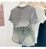 Women's Dark Blue Slim Fit Knit T-Shirt - Short Sleeve, Lightweight Summer Top.