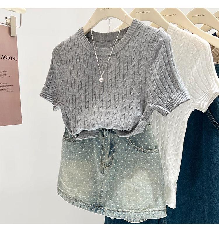 Women's Dark Blue Slim Fit Knit T-Shirt - Short Sleeve, Lightweight Summer Top.