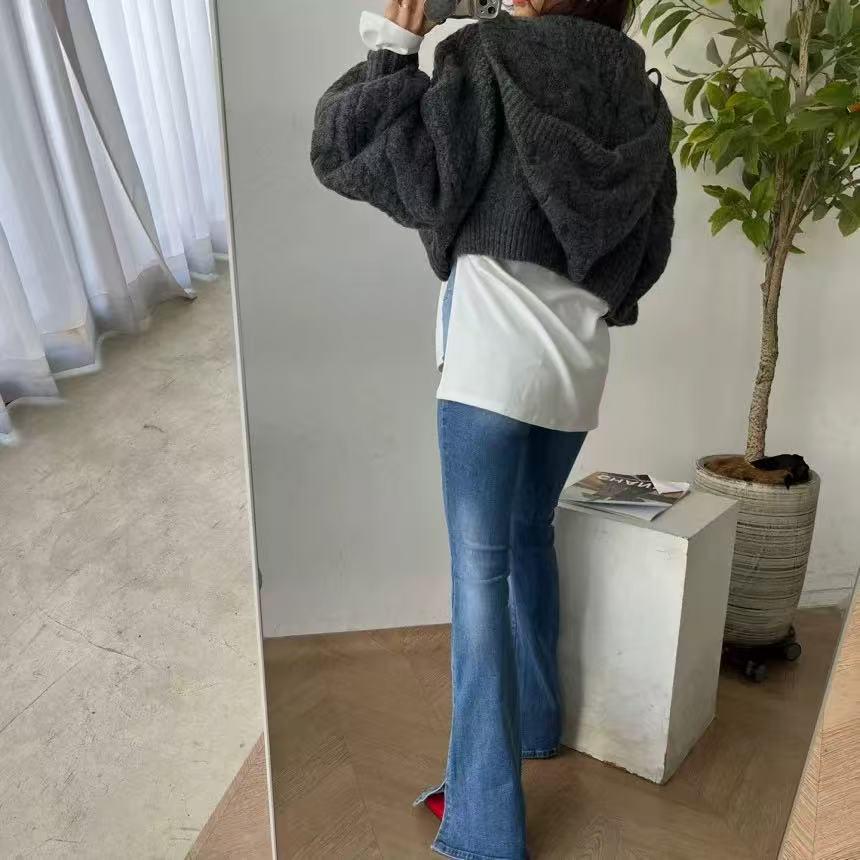 Korean Hooded Cable Knit Zip-Up Short Cardigan - Fresh Autumn Solid Color Tie Sweater Coat