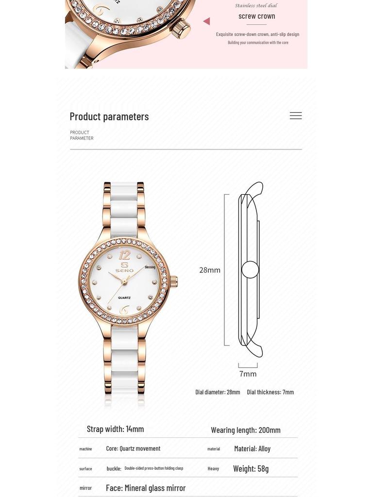 Chenno Keramik Damen Quarzuhr mit Diamanten - Modisch, Wasserdicht