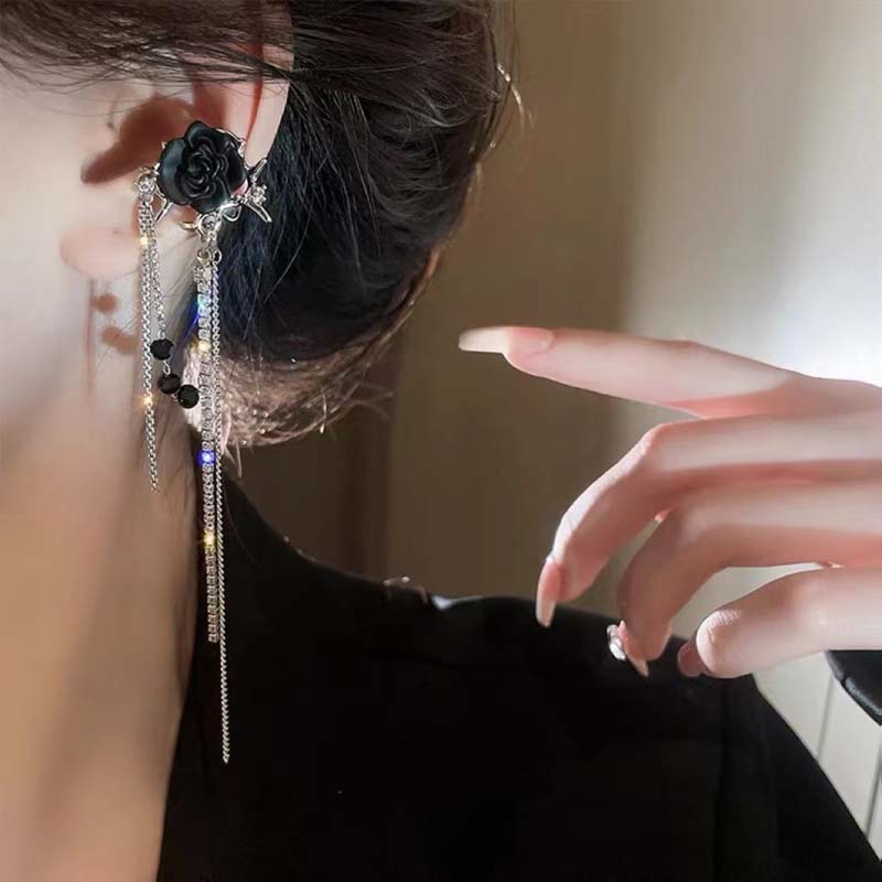 2026 Fashion Black Flower Long Tassel Clip Earrings for Women Punk Goth Without Piercing Zircon Ear Cuff Aesthetic Y2K Zircon