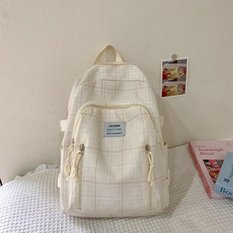 2025 New Plaid Cotton and Linen Double Backpack for Girls To Travel Lightly and Go Out Daily with Backpack Schoolbag