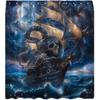 Octopus Skull Shower Curtain Marine Vintage Nautical Pirate Ship Great Wave Kraken Skeleton Horror Halloween Blue Ocean Night Sea Animal Fabric Bath