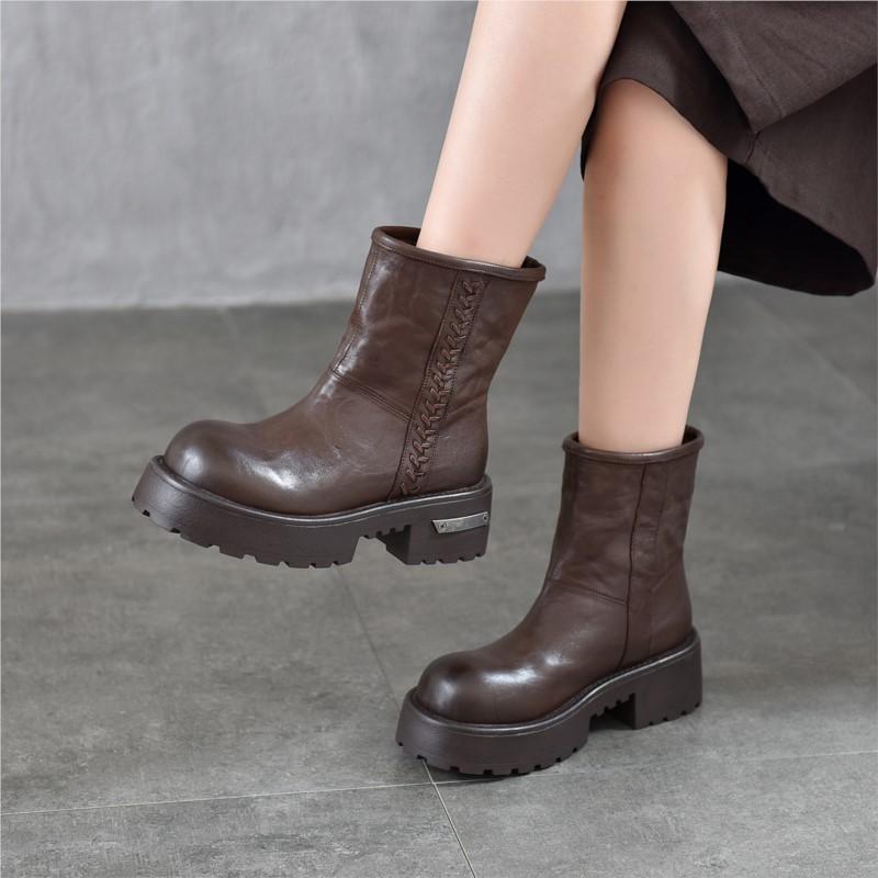 Johnature Genuine Leather Thick Soled Thick Heel Mid-calf Boots Plush Warm Women's Slip-on Boots