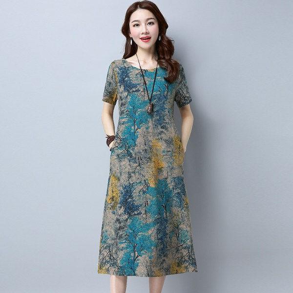 Fashion Women Short Sleeve O Neck Pocket Cotton Linen Printed Loose Casual Dress