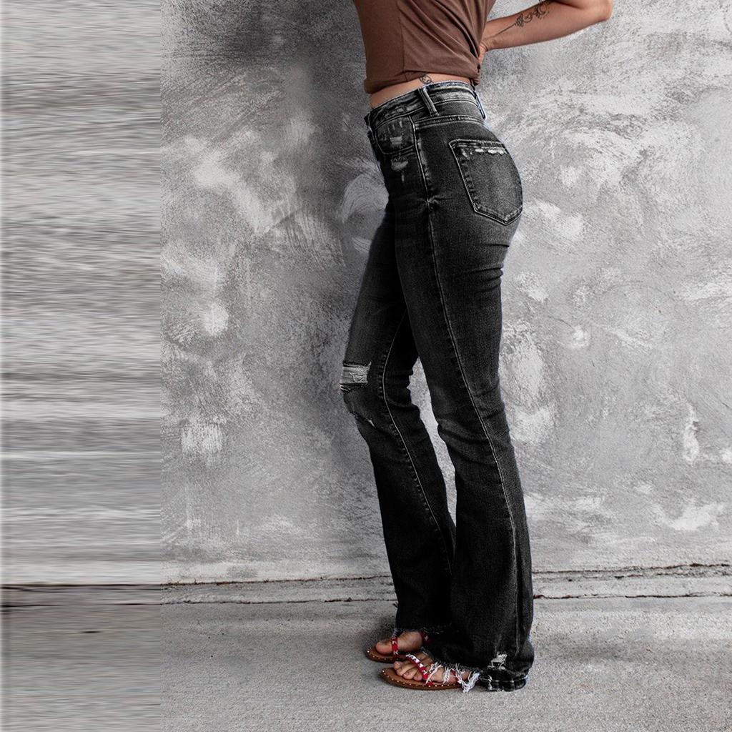 Women's New Fashion Hole High Waist Retro Elastic Slim Micro Flared Pants