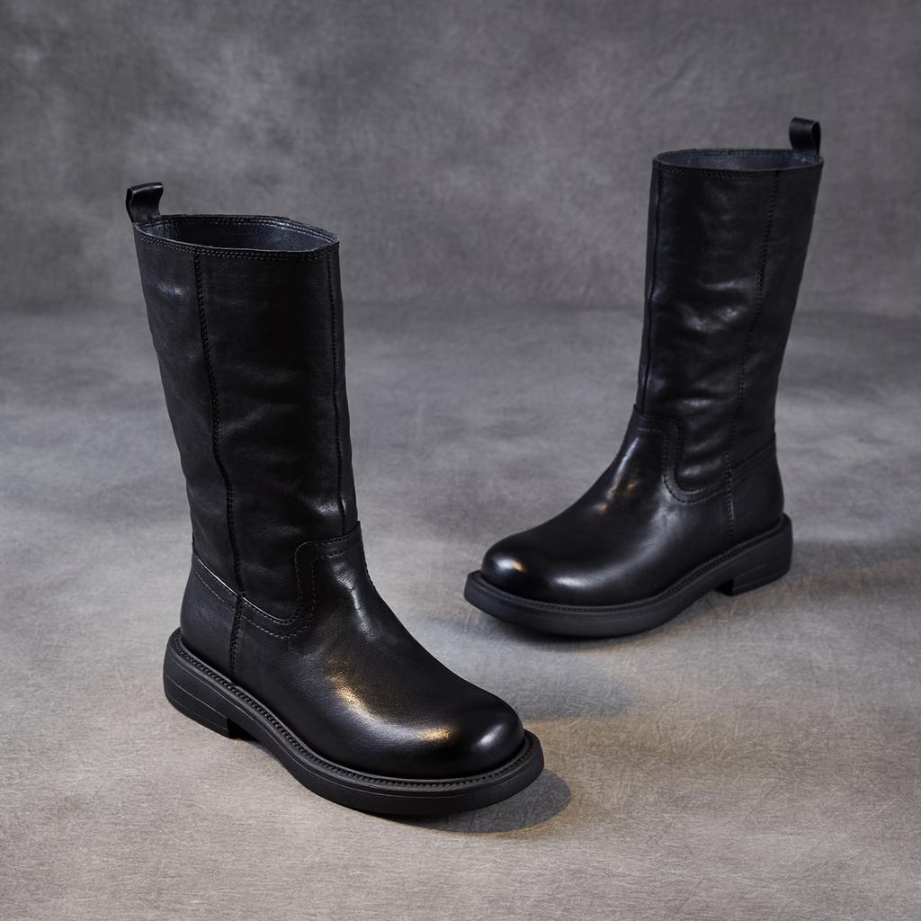 Light Luxury Hand Grab Retro Medium Boots Winter Leather Wide Knight Boots Straight British Fleece Boots