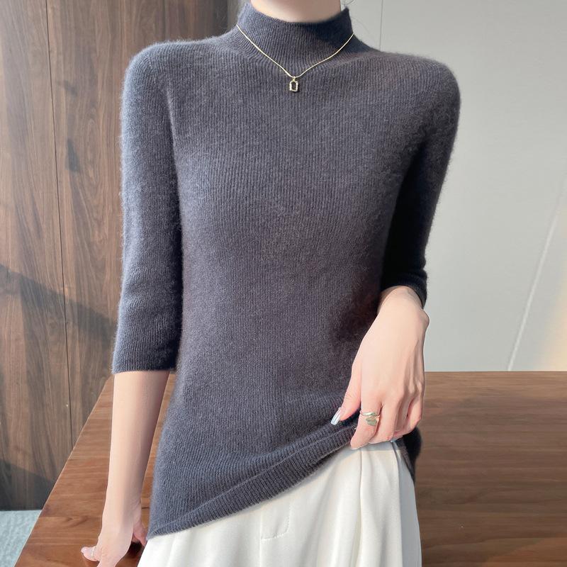 Women S Half High Neck 5 Sleeve Pullover Knit Sweater Solid Color
