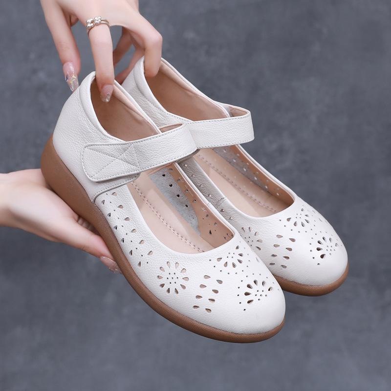 Fashion GKTINOO Genuine Leather Ladies Flats Summer Shoes Woman Plus Size Casual Loafers Hollow Round Toe Soft Comfort Sandals Female