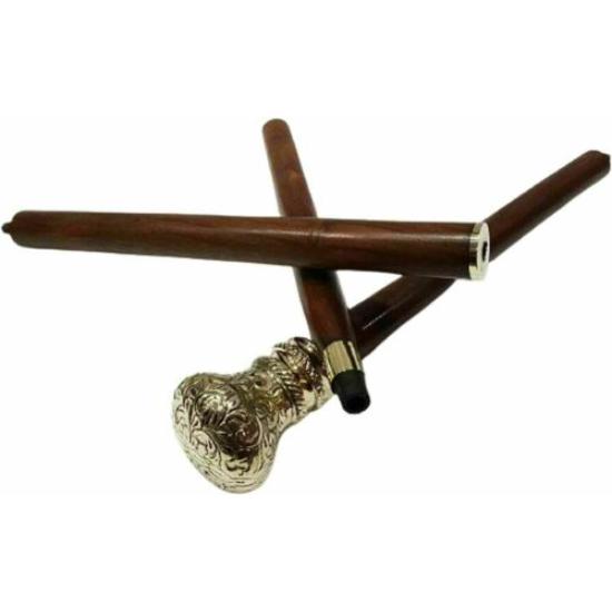 Antique Brass Victorian Handle Wooden Vintage Style Walking Stick Cane Working