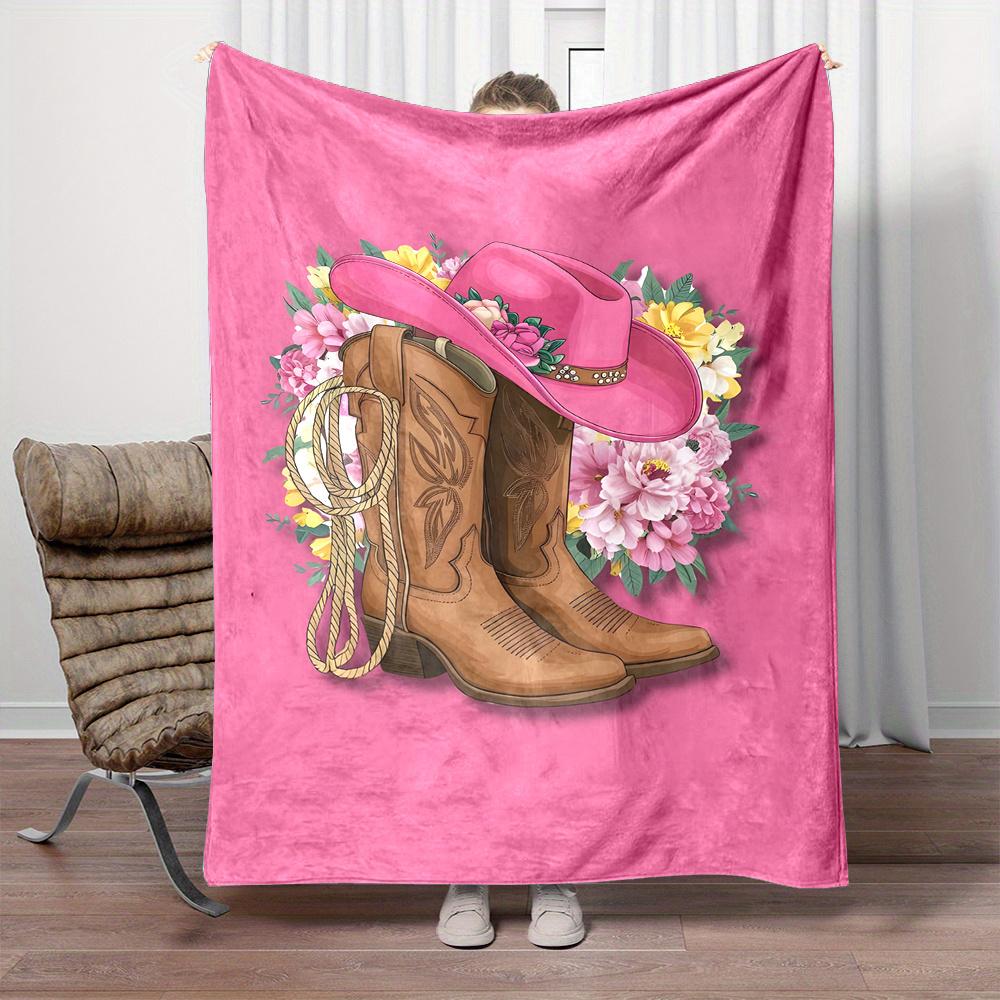 Western Cowboy Hat and High Heel Boot Print Flannel Throw Blanket - Polyester, Reversible, Digital Printing, Soft and Durable