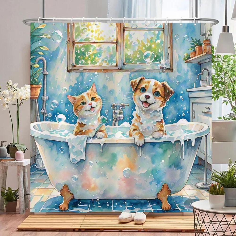 Funny Cat, Dog Shower Curtains with Hooks Home Decoration for Funny Bath Animal Bathroom Curtain Polyester Fabric Bath Curtain