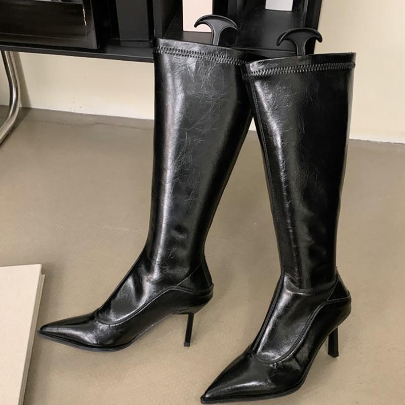 Pointed Toe Women Knee High Boots Fashion Elegant Leopard Shoes Autumn Winter Thin Heel Ladies Sexy Slim Long Botas De Mujer