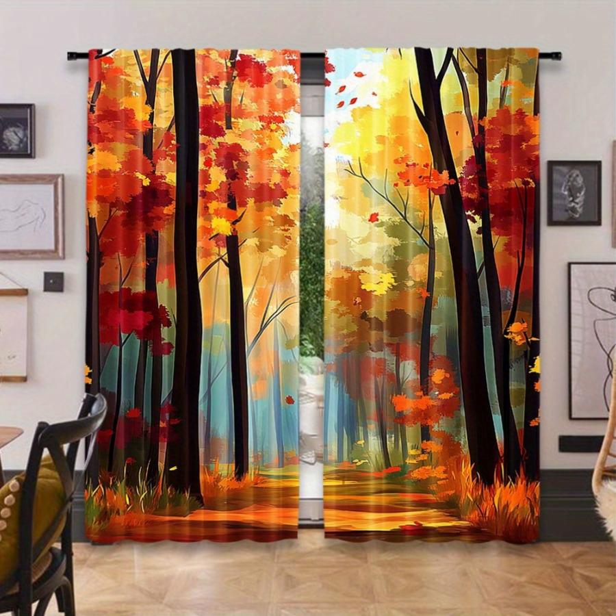 2PCS Digital Print Curtains, Oil Painting Autumn Forest, Art Vintage