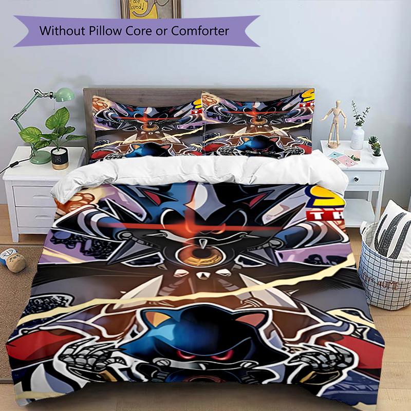 Set cuvertură de pilota 3 buc (1 * Husă de pilota + 2 * Față de pernă, Fără Miez), Set de așternut cu Imprimeu Sonic, Decor Dormitor, Pentru Toate Sezoanele, Cadou de Ziua de Naștere