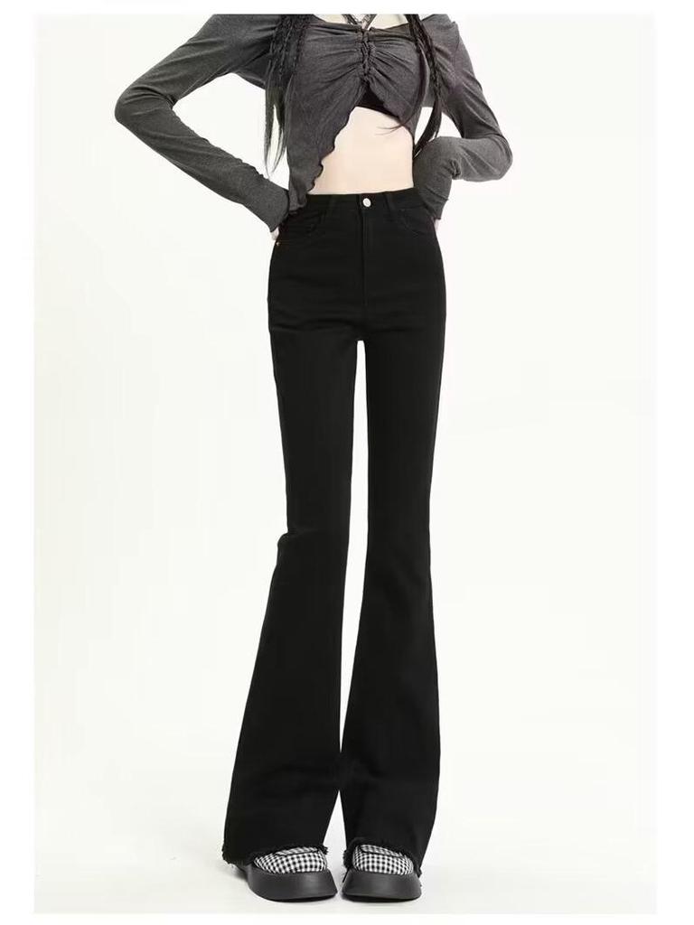 Women's High Waist American-Style Retro Flared Jeans - Elastic Slim Straight Horseshoe Trousers with Raw Edge Finish