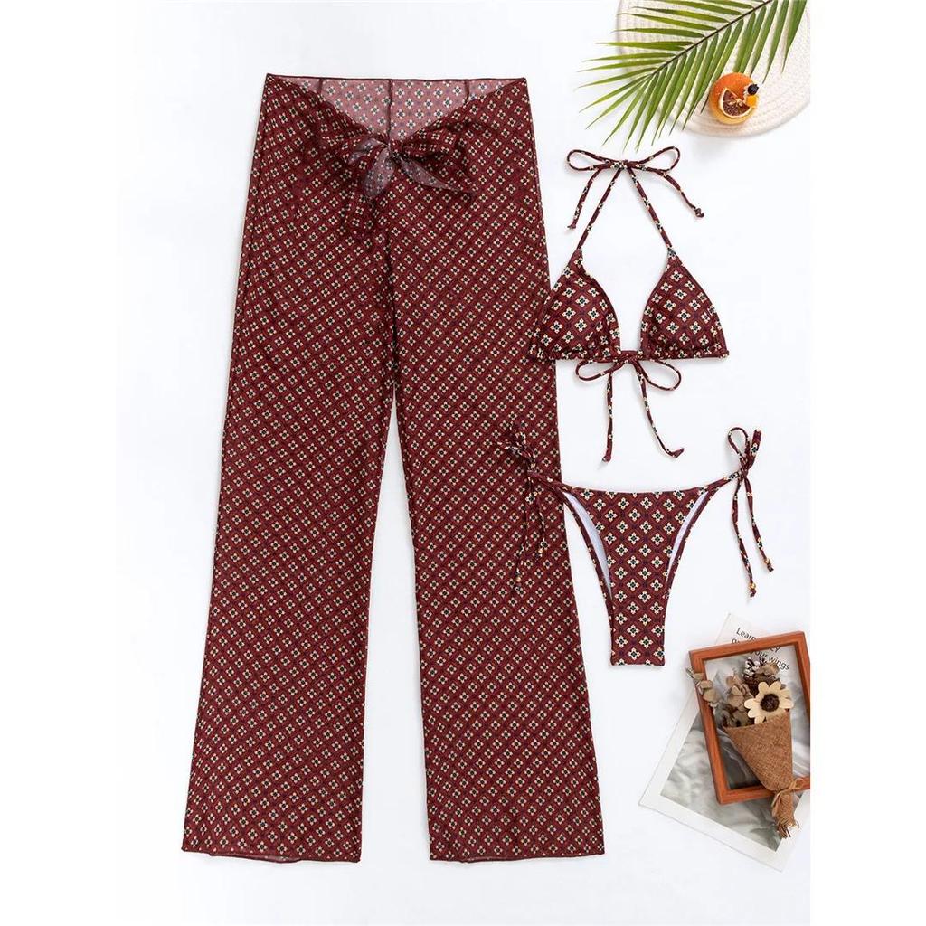 New With Pants Printed Scrunch Butt Bikini Female Swimsuit Women Swimwear Three-pieces Bikini set Bather Bathing Suit Swim