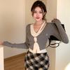 Sweet and Spicy Style Long-sleeved V-neck Black Knitted Cardigan Women's Clothing Autumn Contrasting Color Splicing Slim-fitting Short Sweater Fake 