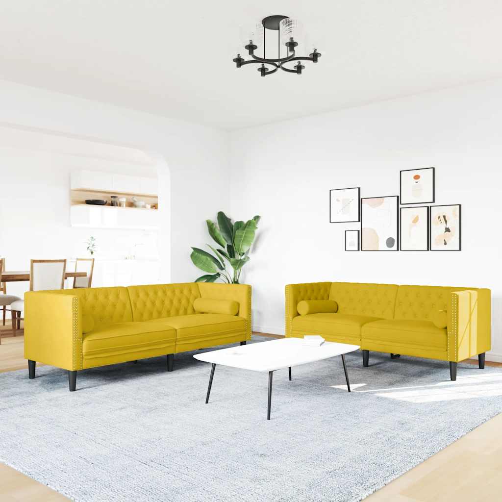 2 Piece Chesterfield Sofa Set with Neck Pillows Yellow Velvet