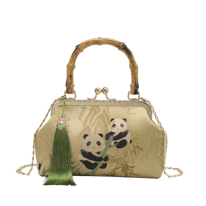 Fashion retro wind bamboo handle panda embroidery clip women's small square bag new versatile fringed shoulder messenger bag
