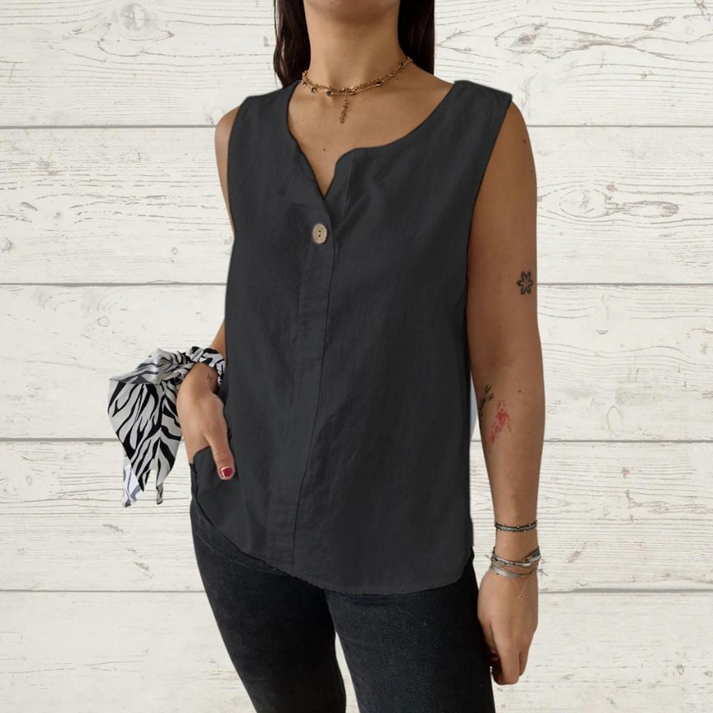 Women's Fashion Loose-Fit V-Neck Cotton-Linen Blend Sleeveless Button-Up Top