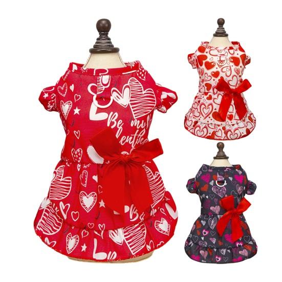 Hundekleid mit roter Schleife Herz-Aufdruck Flatterärmel Rüschensaum Haustier Kostüm Outfit Bekleidung für kleine Hunde Katzen