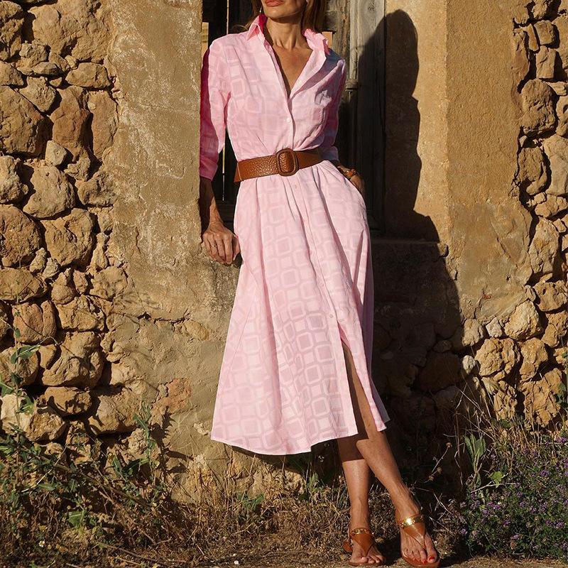 

Женское осенне-зимнее модное клетчатое платье-рубашка средней длины XL розовый