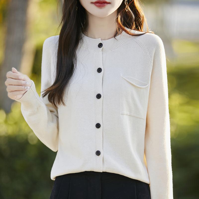 Autumn and Winter Top Rolled Edge Pocket Pure Cotton Sweater Round Neck Long Sleeve Korean Cardigan Women's Style