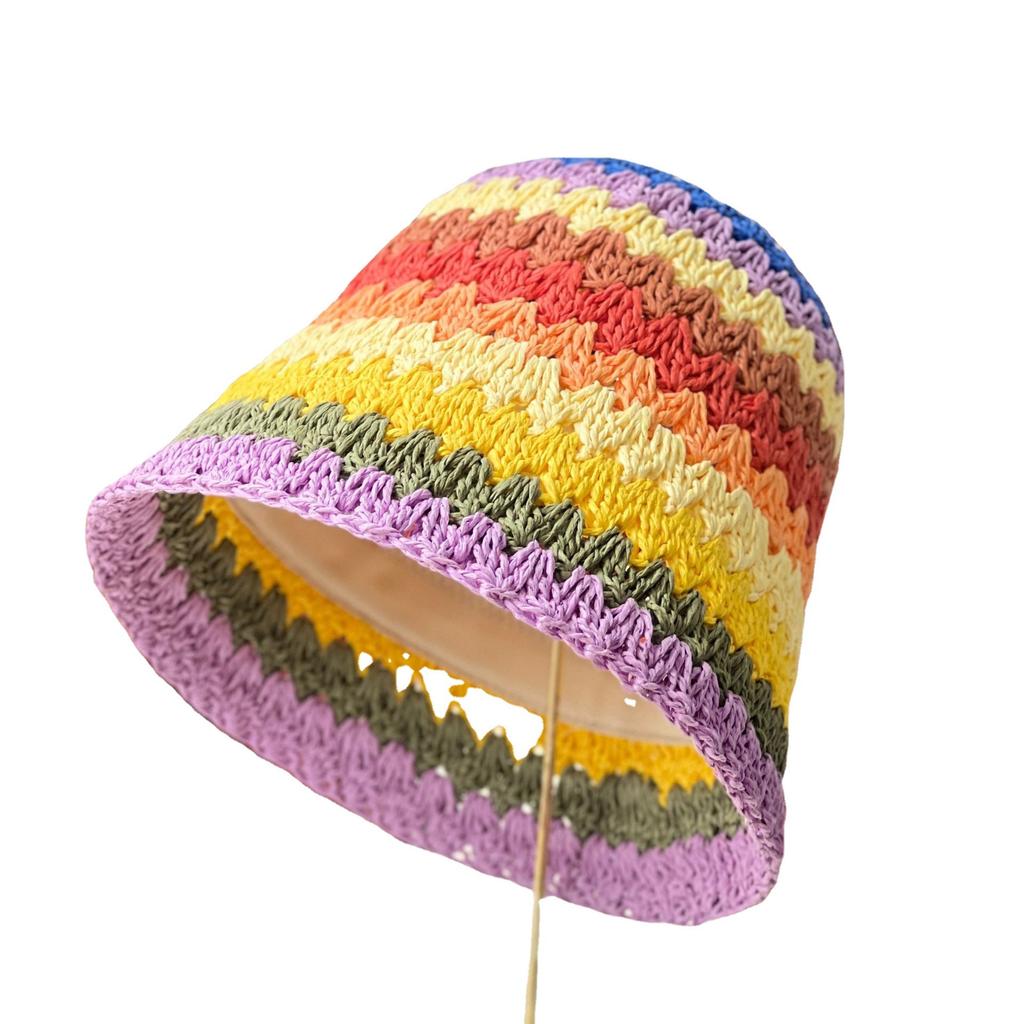 New rainbow striped straw hat women's summer fashion sunscreen sunshade bucket hat casual bucket hat face cover basin hat tide