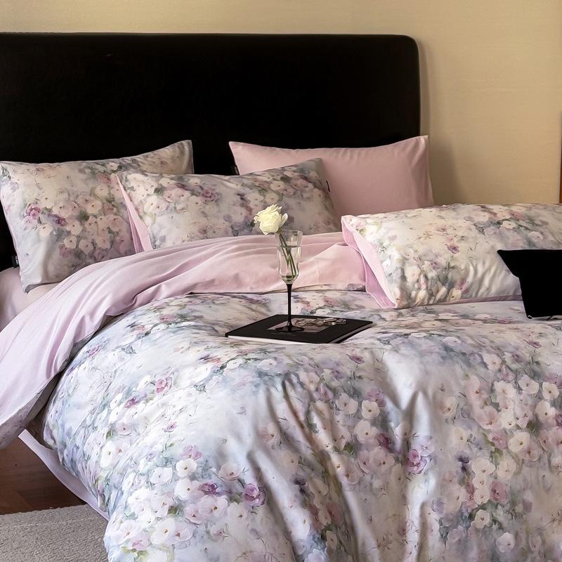 French Pastoral Oil Painting Style 100S Pure Cotton Satin Long-Staple Cotton Four-Piece Digital Printing Bedding