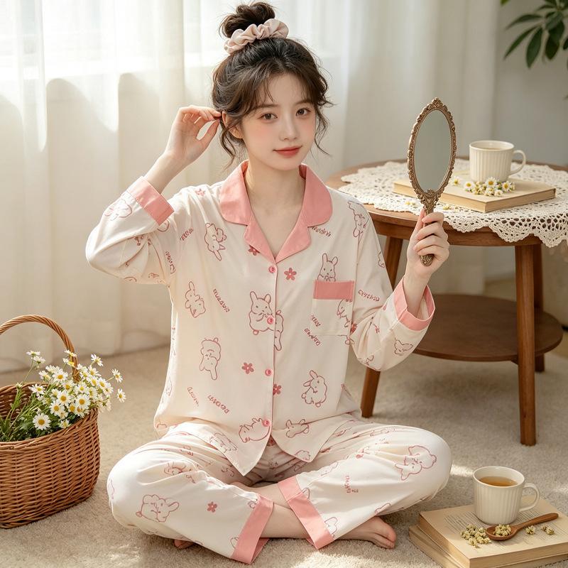 Natal year pajamas women's spring and autumn new imitation cotton long-sleeved red cute cartoon loungewear two-piece set