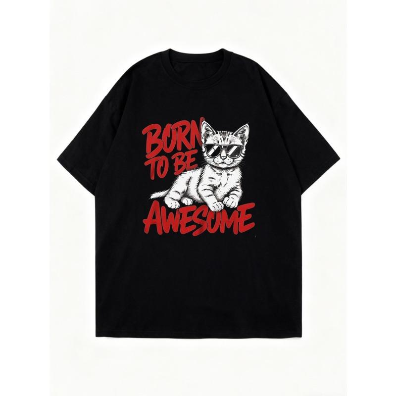 Oversized T Shirt Black Cat With Sunglasses Born To Be Awesome Graphic Print Casual Streetwear For Women
