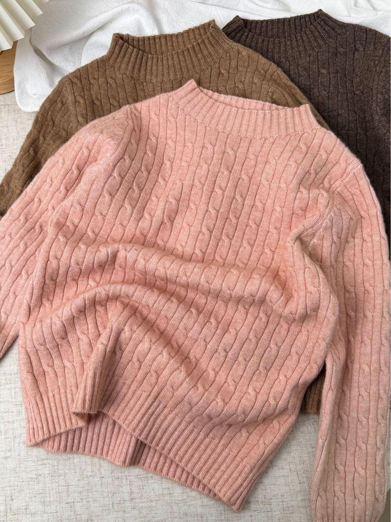 Unisex Children's Wool Sweater, Autumn/Winter 2025 - Solid Color Cable Knit Pullover with Round Neck
