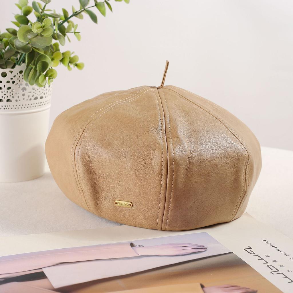 Autumn and winter pu leather beret new retro black octagonal hat girls big hat top literary pumpkin hat
