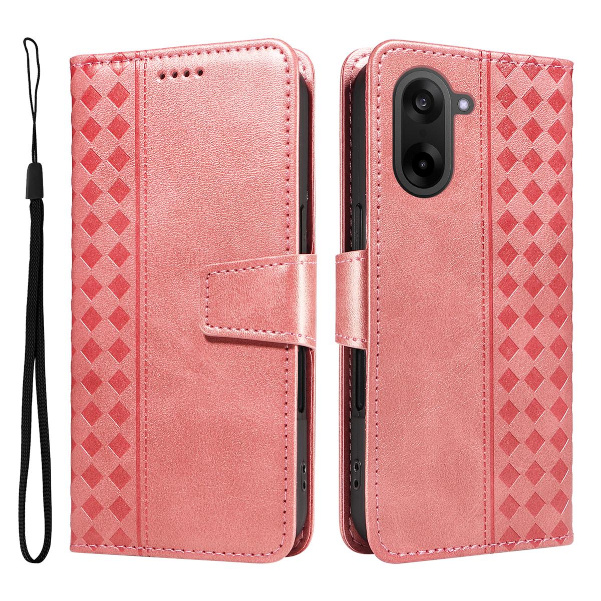 

For OnePlus Nord CE5 5G/OnePlus Ace 5 Racing 5G Leather Case Wallet Stand Grids Imprinted Phone Cover with Strap Rose Gold