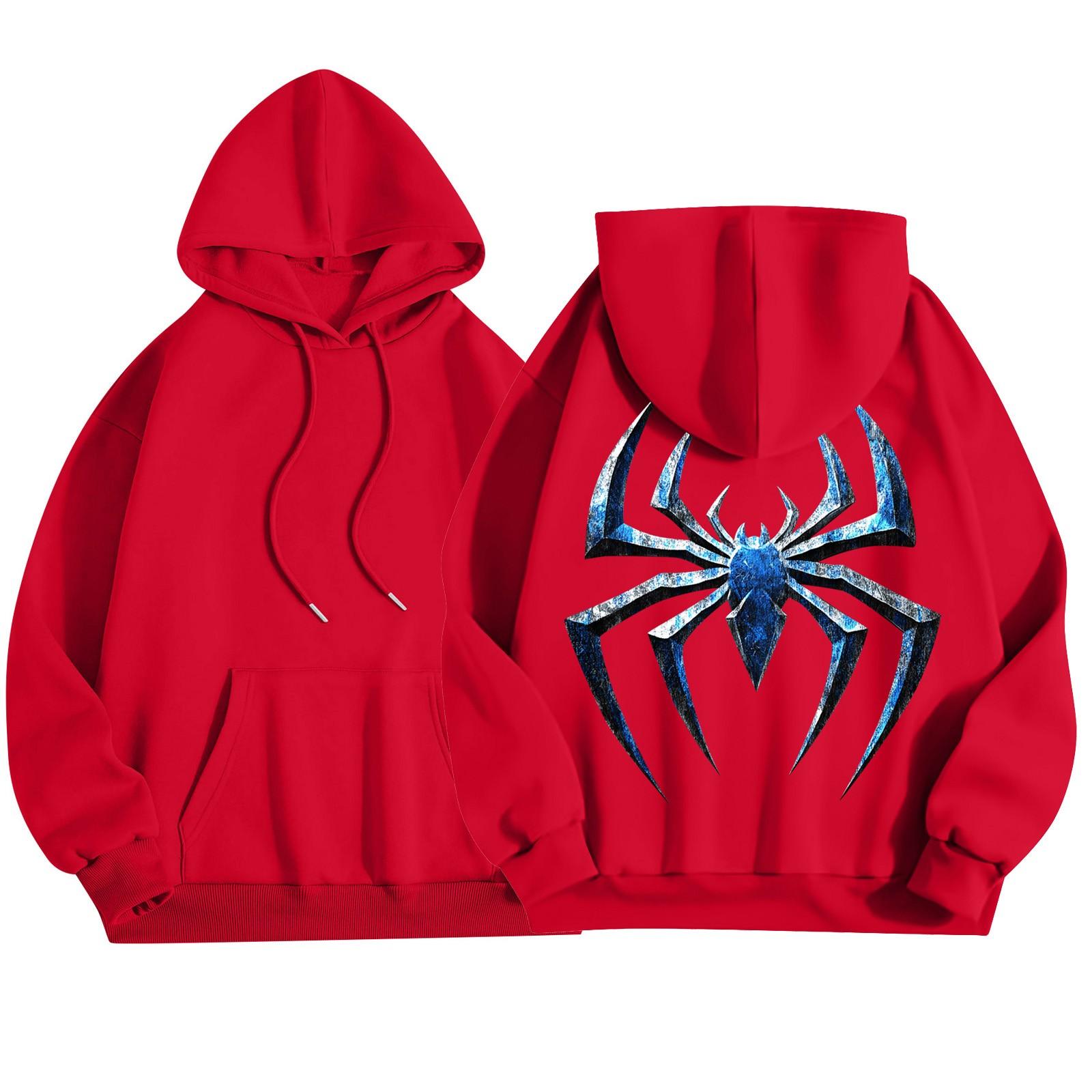 Женский модный легкий свитер с длинными рукавами и карманами с капюшоном с принтом паука — фото 8