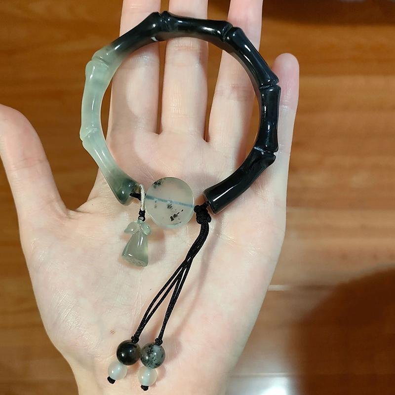 Chinese Antique Style Imitation Jade Lotus Bangle Chinese Style Tassel High-End Bamboo Bracelet Collection Jewelry Gift Femme